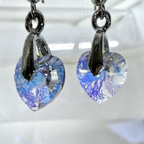 Heart Dangle Earrings Swarovski Crystal Aurora Borealis AB Jewelry - Picture 4 of 7
